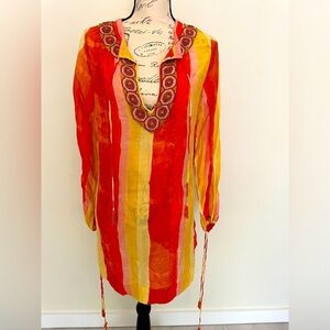 Florabella Pink Orange Yellow Stripe Beaded Tunic Coverup EUC SIZE med…